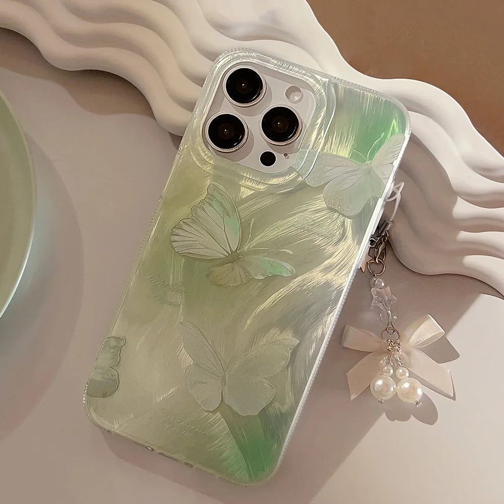 Summer Green Shiny Butterfly Bow Pearl Pendant Phone Case for iPhone