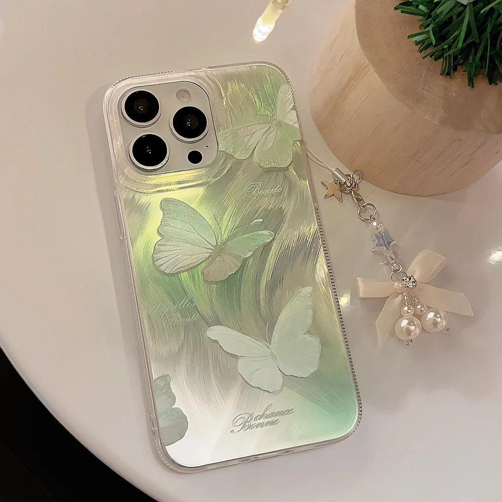 Summer Green Shiny Butterfly Bow Pearl Pendant Phone Case for iPhone