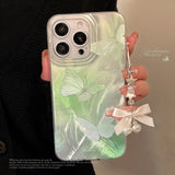 Summer Green Shiny Butterfly Bow Pearl Pendant Phone Case for iPhone