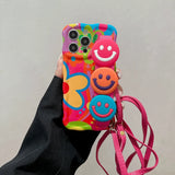 Wavy Edge Graffiti Smiley Face Crossbody Wrist Strap Case For iPhone