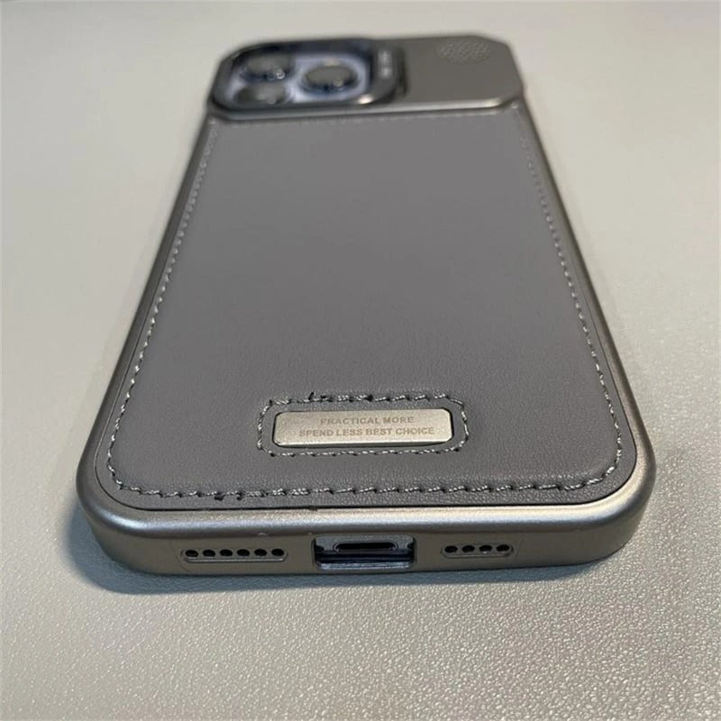 Metal Lens Holder Frameless Leather Magnetic Case For iPhone
