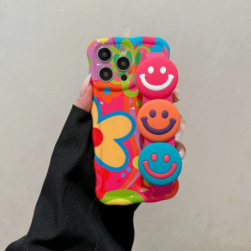 Wavy Edge Graffiti Smiley Face Crossbody Wrist Strap Case For iPhone