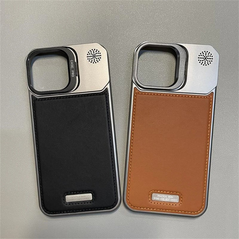 Metal Lens Holder Frameless Leather Magnetic Case For iPhone