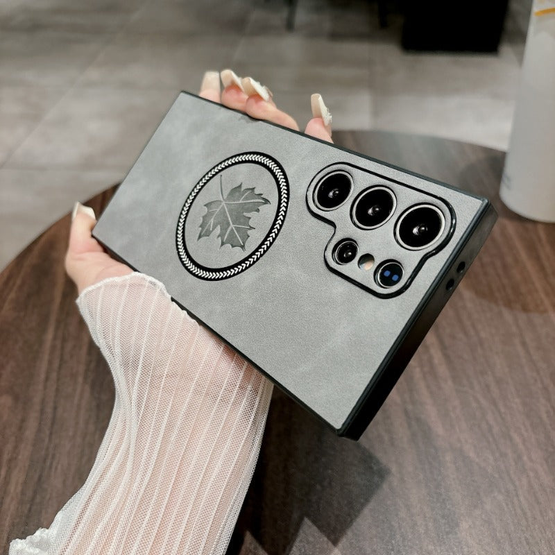 Luxury Sheepskin Maple Leaf Magnetic Phone Case for Samsung