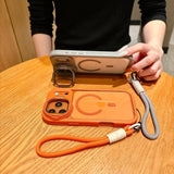 Fold Glass Lens Stand Magnetic Wrist Strap Clear Case for iPhone