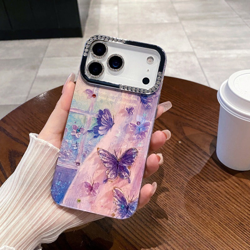 Oil Painting Flower Butterfly Rhinestone Anti-Drop Phone Case for IPhone