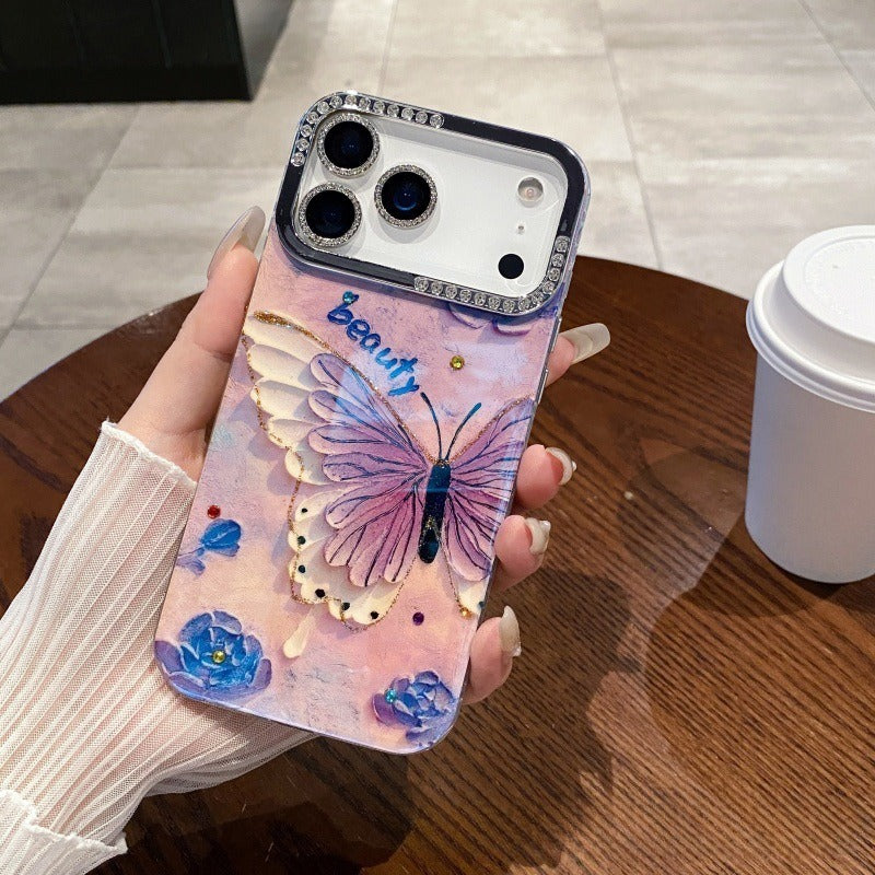 Oil Painting Flower Butterfly Rhinestone Anti-Drop Phone Case for IPhone