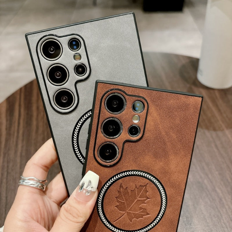 Luxury Sheepskin Maple Leaf Magnetic Phone Case for Samsung