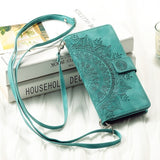 Leather Sun Embossing Flip Wallet Case with Lanyard for iphone