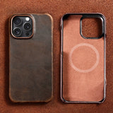 Retro Full Grain Cowhide Genuine Oiled PULL-UP Leather Magnetic Case for iPhone