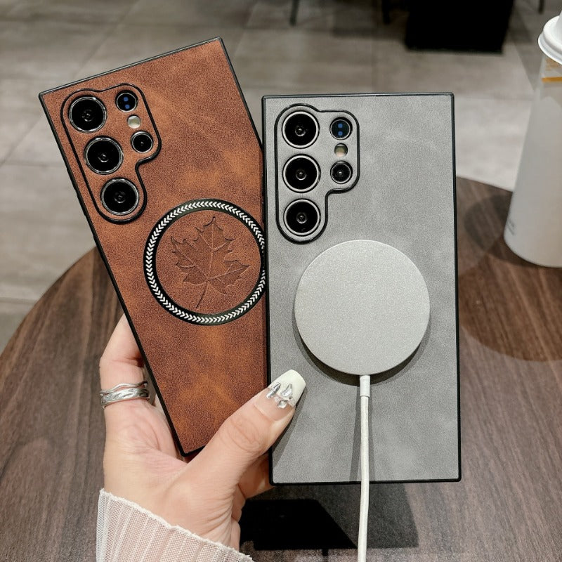 Luxury Sheepskin Maple Leaf Magnetic Phone Case for Samsung