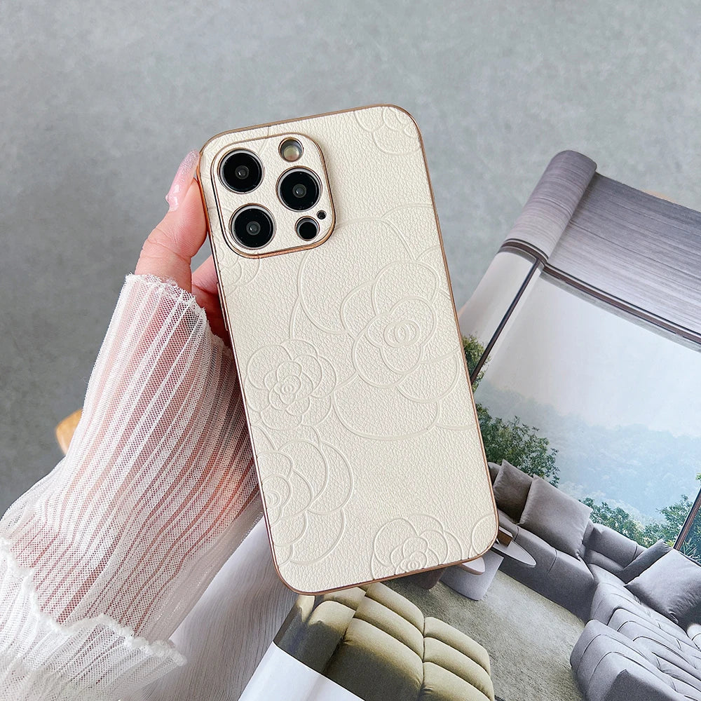 Luxury 3D cute camellia flowersl leather Case for iPhone