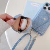 Fashion Denim Texture Crossbody Wallet Card Case for iPhone