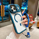 Fold Glass Lens Stand Magnetic Wrist Strap Clear Case for iPhone