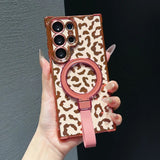Leopard Print Bracket Plating Magnetic Charging Case for Samsung